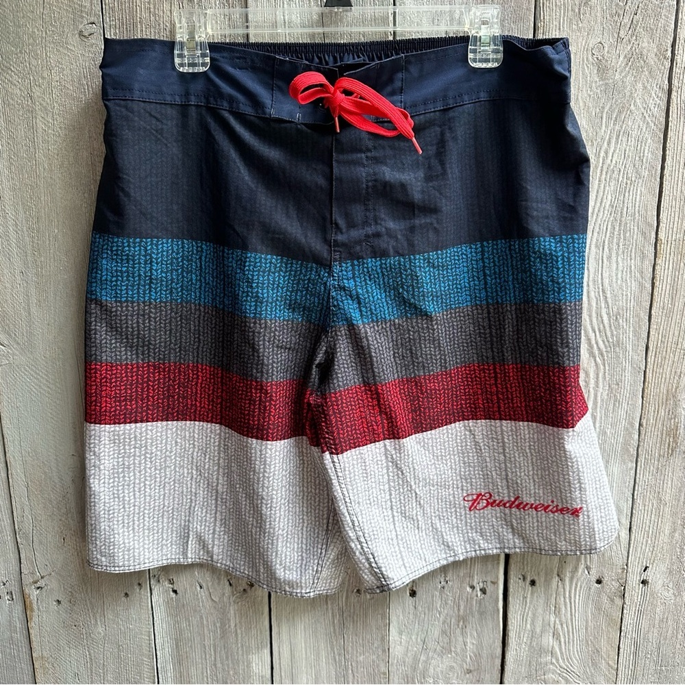 Budweiser Mens‎ Board Shorts XL Striped Blue Red Grey Swim Trunks 2015 AT230335